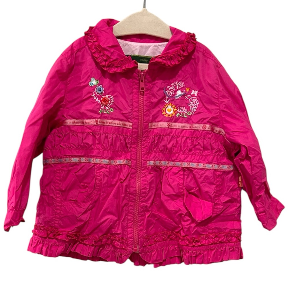 Oilily Windbreaker Sz 86 Pink Zip-Up Kids Jacket Floral Embroidery Buttons